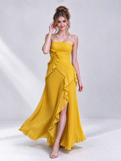 Strapless A-Line Chiffon Ruffle Pleated Sleeveless Wedding Guest Dress with Split Side