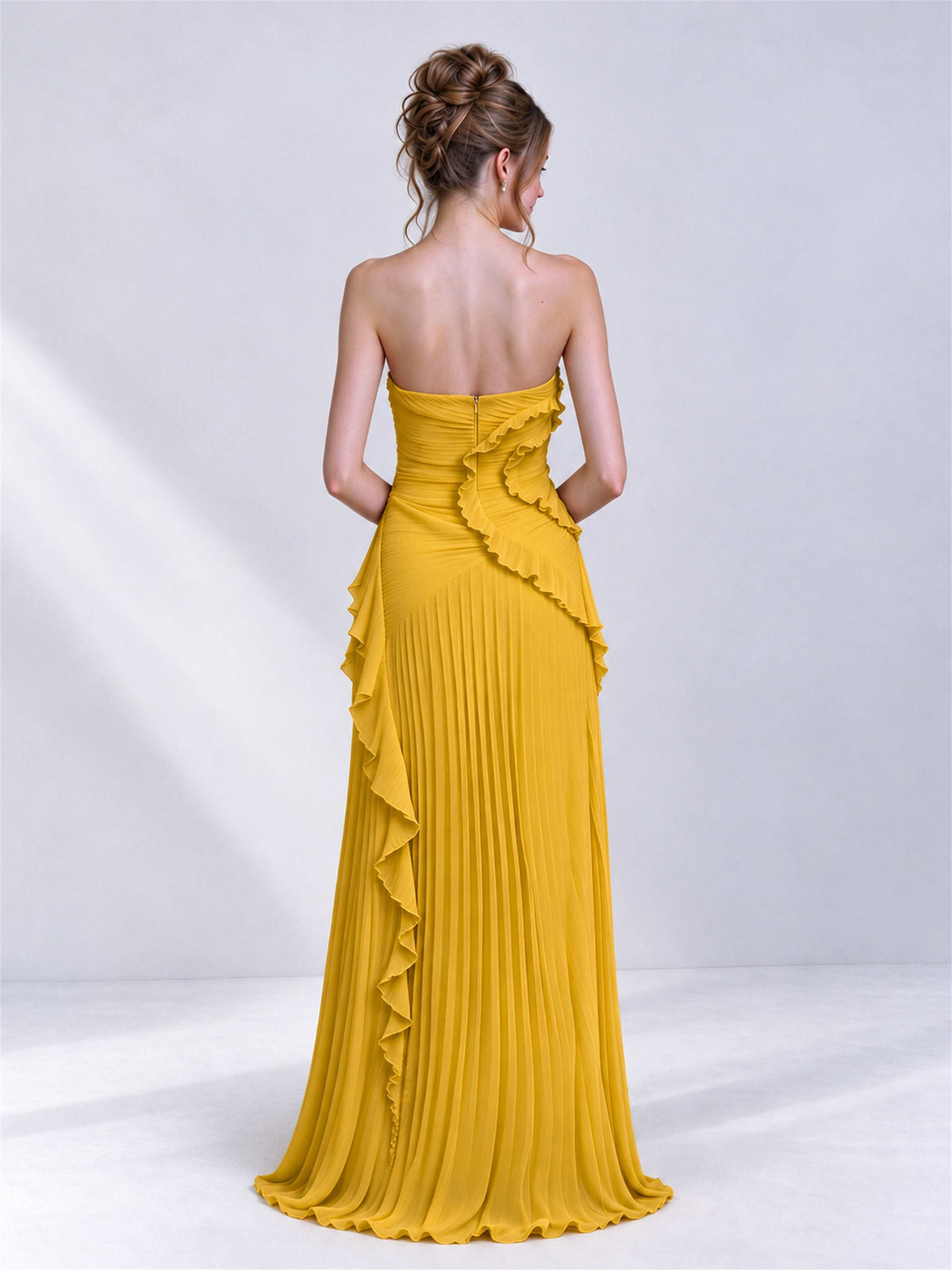 Strapless A-Line Chiffon Ruffle Pleated Sleeveless Wedding Guest Dress with Split Side