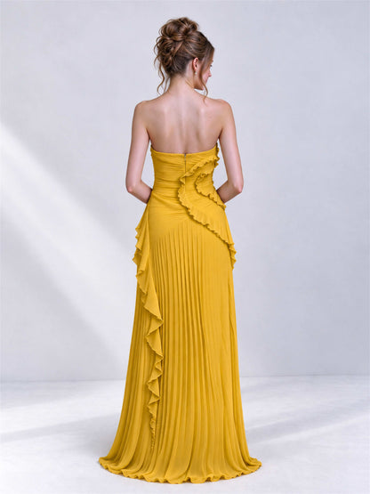 Strapless A-Line Chiffon Ruffle Pleated Sleeveless Wedding Guest Dress with Split Side