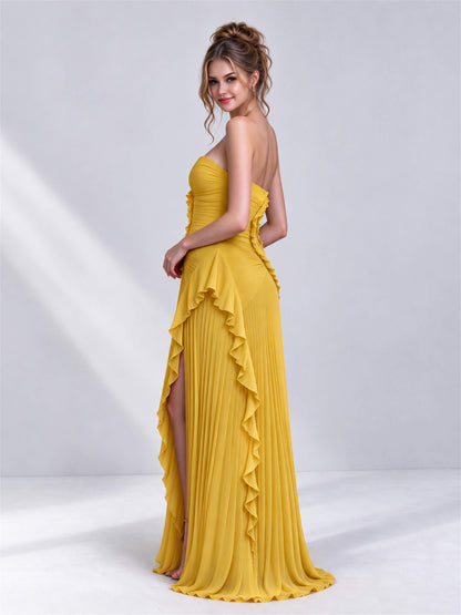 Strapless A-Line Chiffon Ruffle Pleated Sleeveless Wedding Guest Dress with Split Side