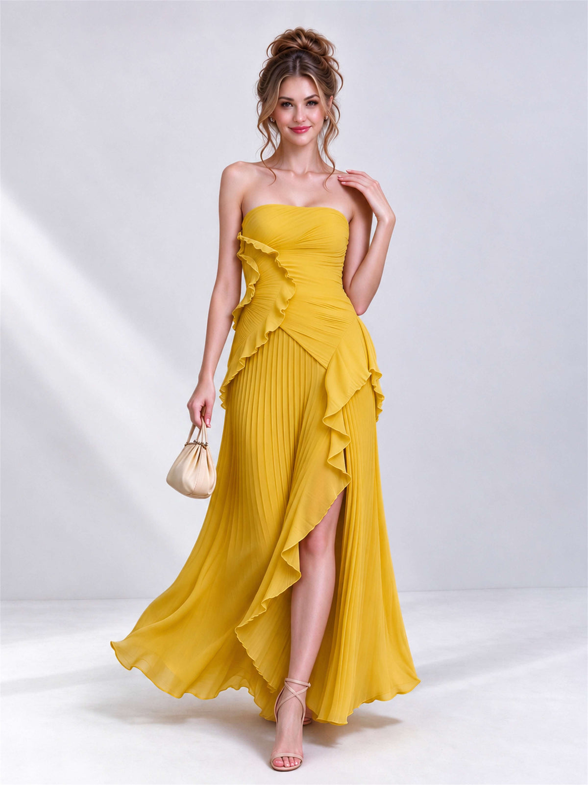 Strapless A-Line Chiffon Ruffle Pleated Sleeveless Wedding Guest Dress with Split Side