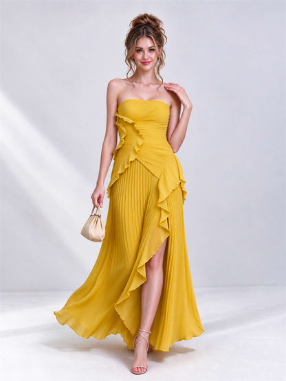 Strapless A-Line Chiffon Ruffle Pleated Sleeveless Wedding Guest Dress with Split Side