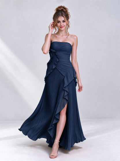 Strapless A-Line Chiffon Ruffle Pleated Sleeveless Wedding Guest Dress with Split Side