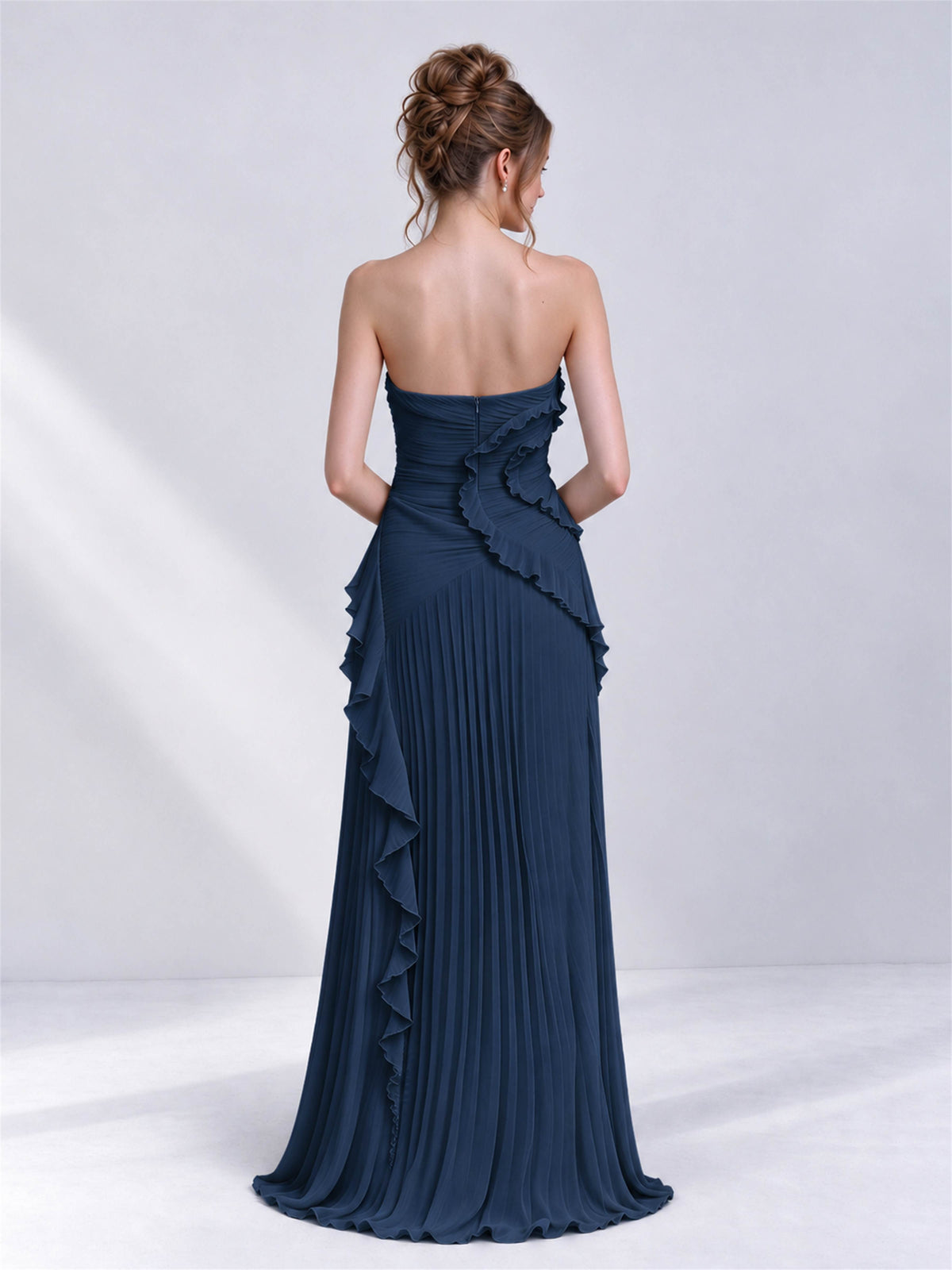 Strapless A-Line Chiffon Ruffle Pleated Sleeveless Wedding Guest Dress with Split Side
