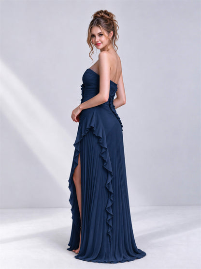 Strapless A-Line Chiffon Ruffle Pleated Sleeveless Wedding Guest Dress with Split Side