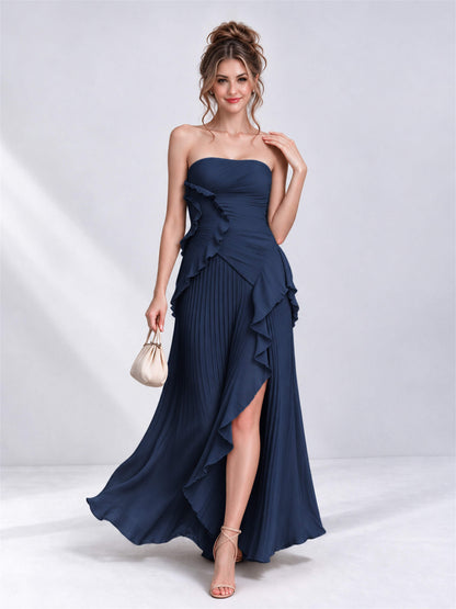 Strapless A-Line Chiffon Ruffle Pleated Sleeveless Wedding Guest Dress with Split Side