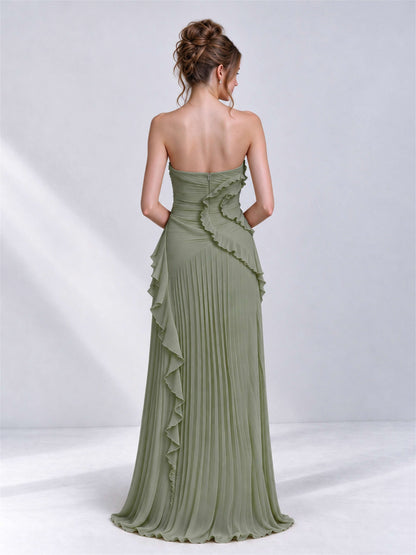 Strapless A-Line Chiffon Ruffle Pleated Sleeveless Wedding Guest Dress with Split Side