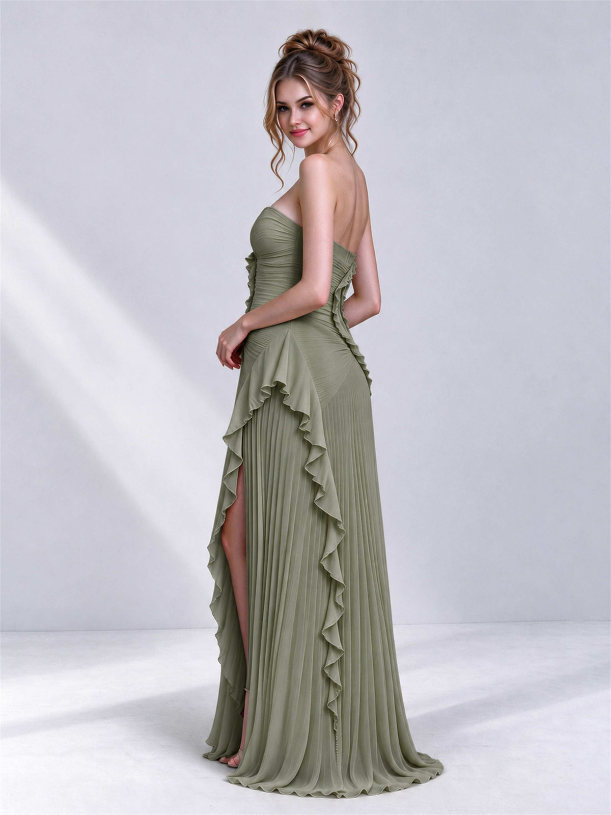 Strapless A-Line Chiffon Ruffle Pleated Sleeveless Wedding Guest Dress with Split Side
