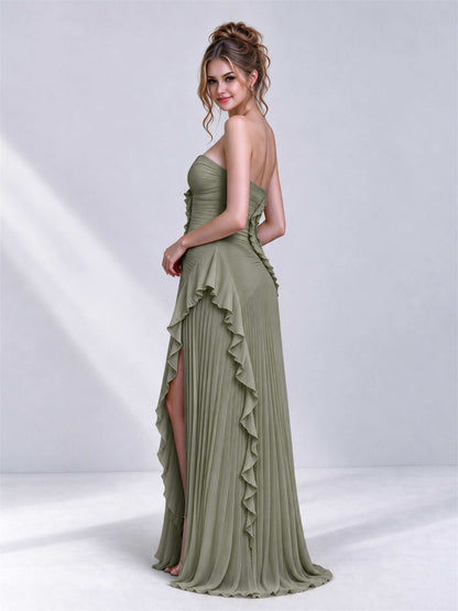 Strapless A-Line Chiffon Ruffle Pleated Sleeveless Wedding Guest Dress with Split Side