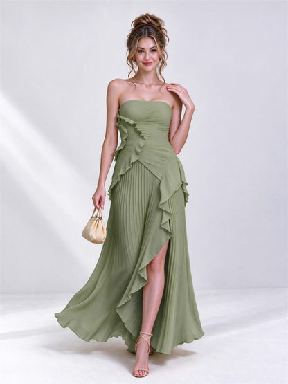 Strapless A-Line Chiffon Ruffle Pleated Sleeveless Wedding Guest Dress with Split Side