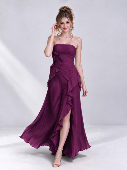 Strapless A-Line Chiffon Ruffle Pleated Sleeveless Wedding Guest Dress with Split Side