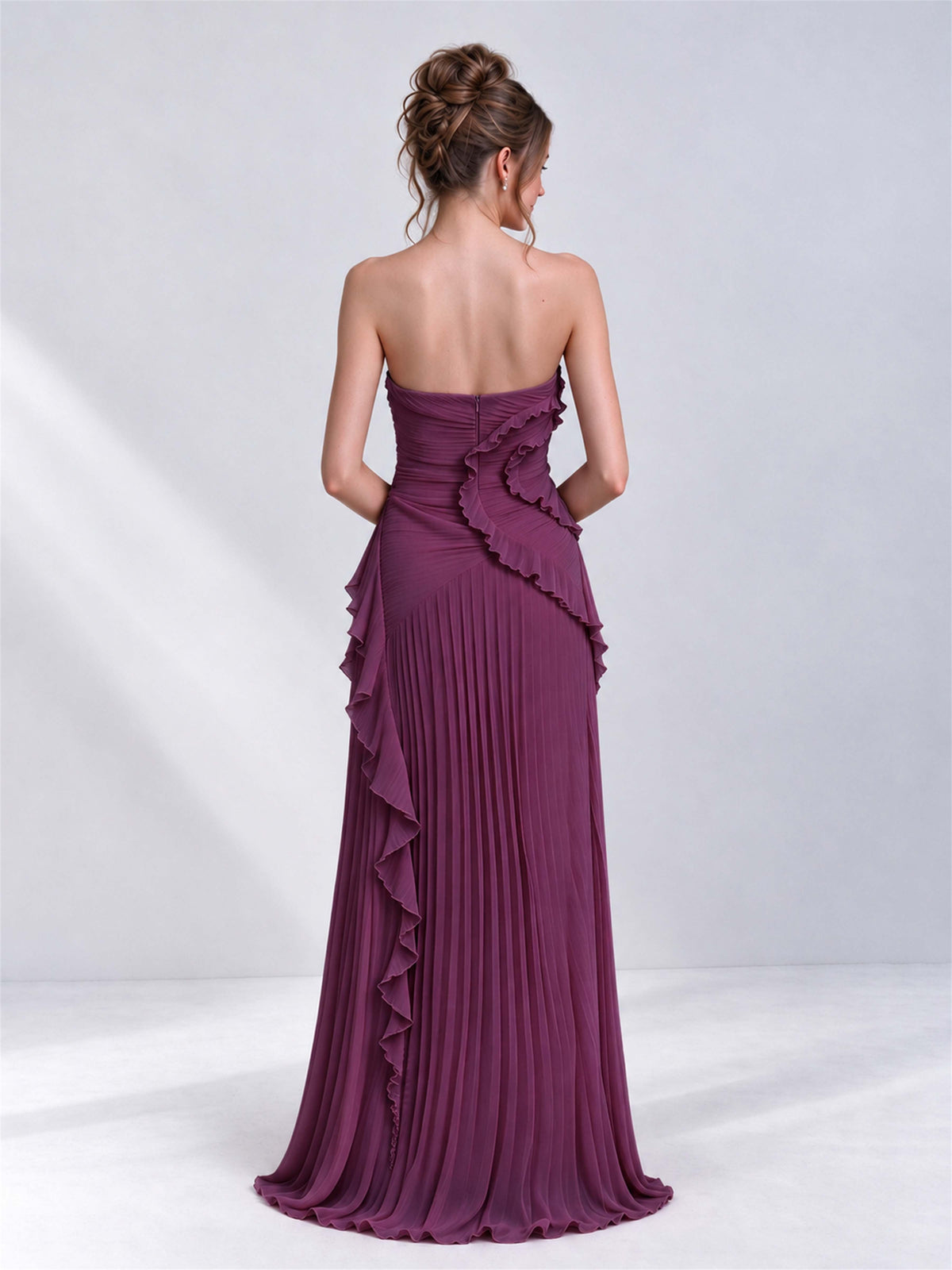 Strapless A-Line Chiffon Ruffle Pleated Sleeveless Wedding Guest Dress with Split Side