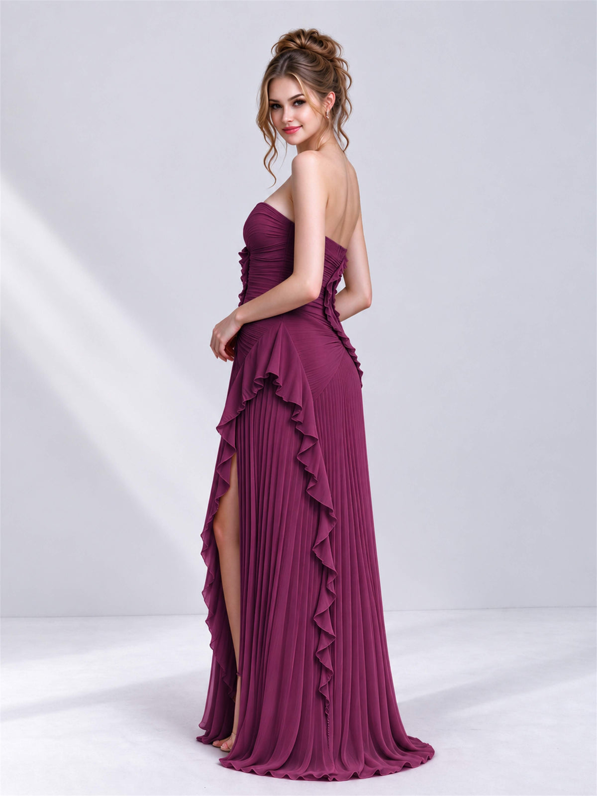 Strapless A-Line Chiffon Ruffle Pleated Sleeveless Wedding Guest Dress with Split Side