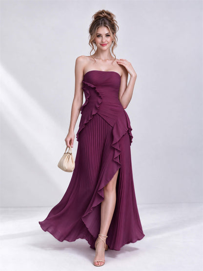 Strapless A-Line Chiffon Ruffle Pleated Sleeveless Wedding Guest Dress with Split Side