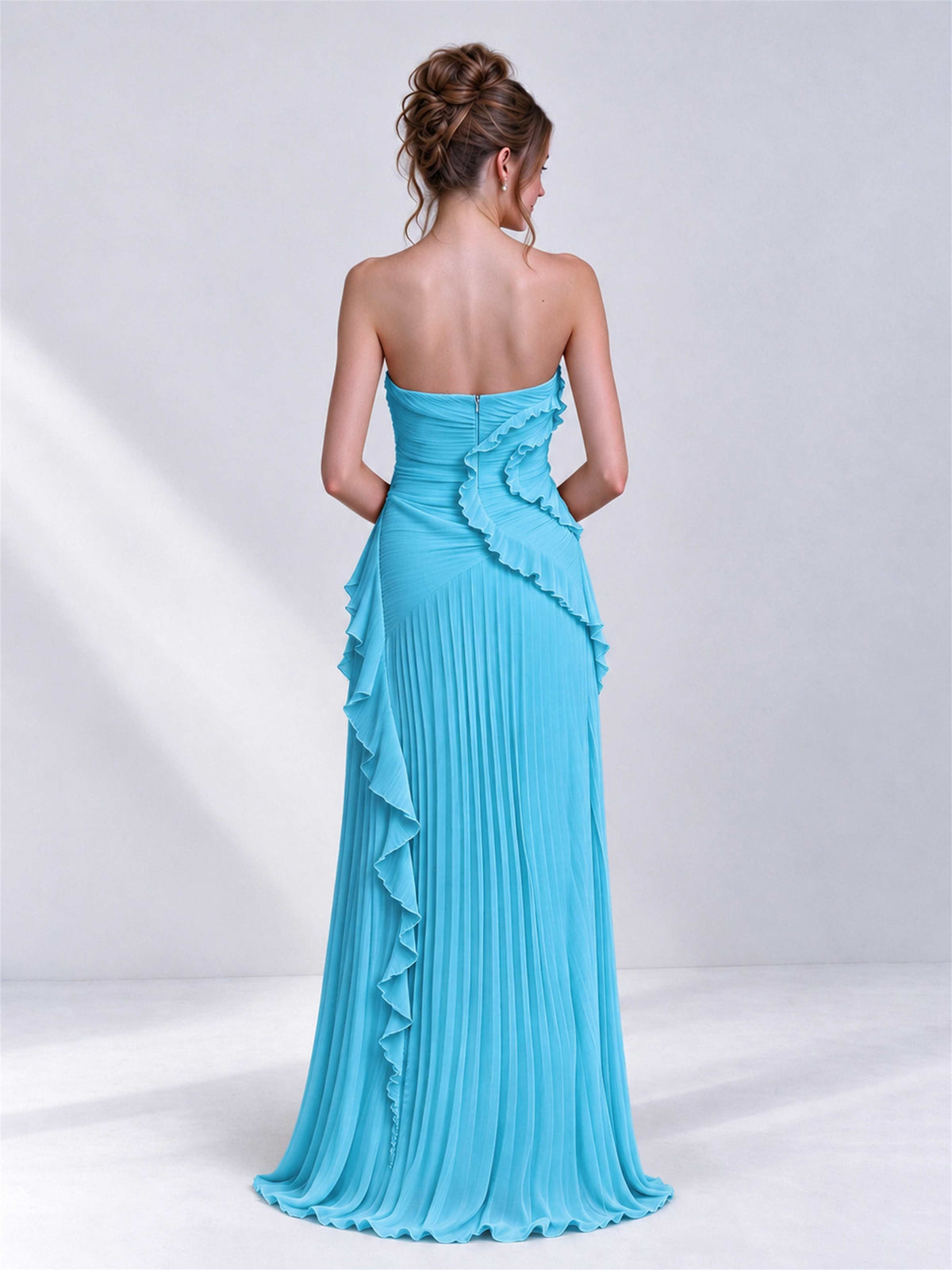 Strapless A-Line Chiffon Ruffle Pleated Sleeveless Wedding Guest Dress with Split Side