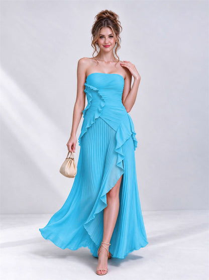 Strapless A-Line Chiffon Ruffle Pleated Sleeveless Wedding Guest Dress with Split Side