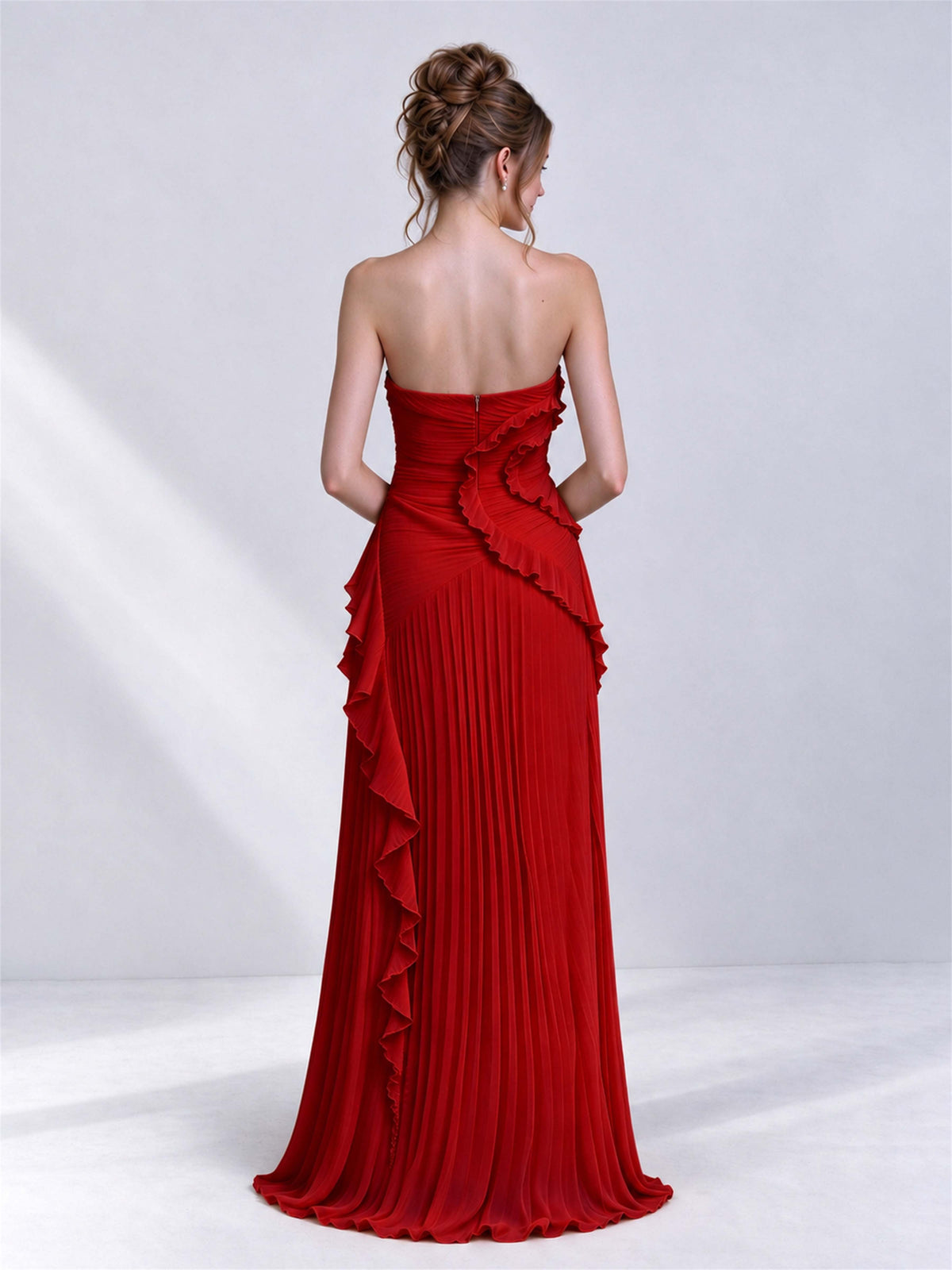 Strapless A-Line Chiffon Ruffle Pleated Sleeveless Wedding Guest Dress with Split Side
