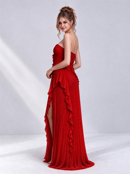 Strapless A-Line Chiffon Ruffle Pleated Sleeveless Wedding Guest Dress with Split Side