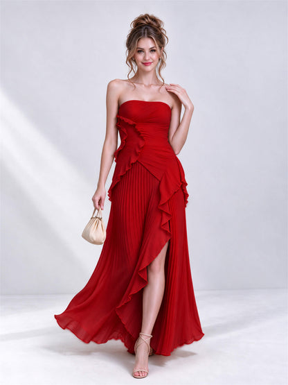Strapless A-Line Chiffon Ruffle Pleated Sleeveless Wedding Guest Dress with Split Side