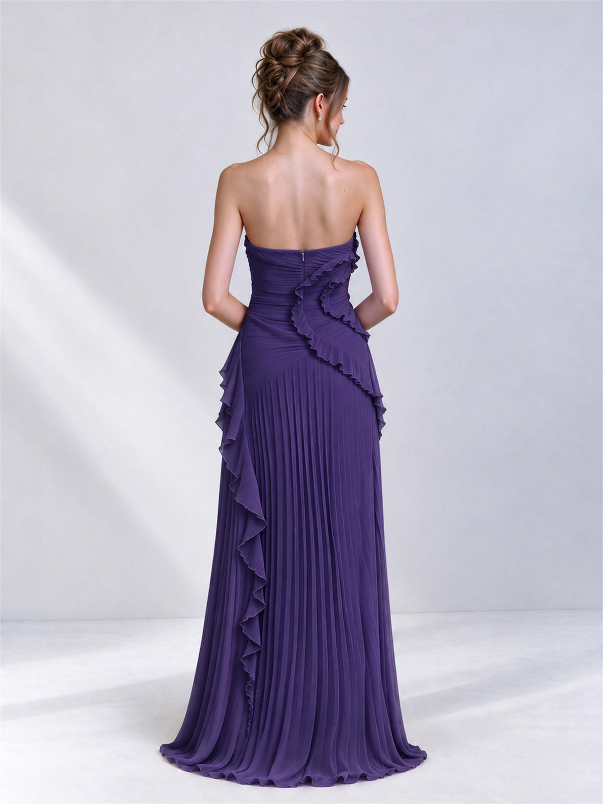 Strapless A-Line Chiffon Ruffle Pleated Sleeveless Wedding Guest Dress with Split Side