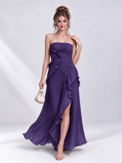 Strapless A-Line Chiffon Ruffle Pleated Sleeveless Wedding Guest Dress with Split Side