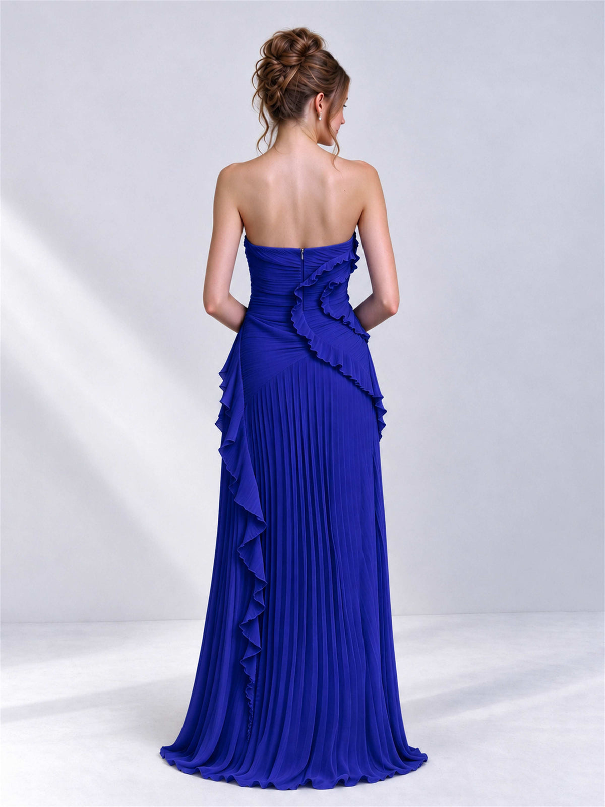 Strapless A-Line Chiffon Ruffle Pleated Sleeveless Wedding Guest Dress with Split Side