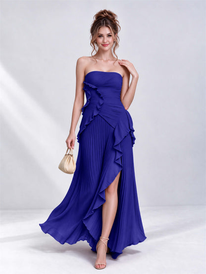 Strapless A-Line Chiffon Ruffle Pleated Sleeveless Wedding Guest Dress with Split Side