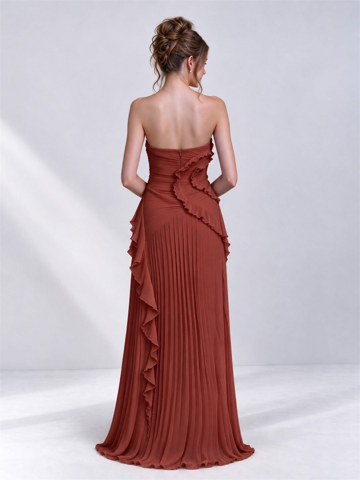 Strapless A-Line Chiffon Ruffle Pleated Sleeveless Wedding Guest Dress with Split Side