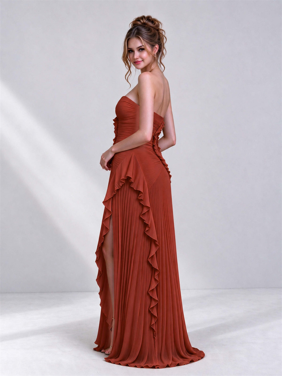Strapless A-Line Chiffon Ruffle Pleated Sleeveless Wedding Guest Dress with Split Side