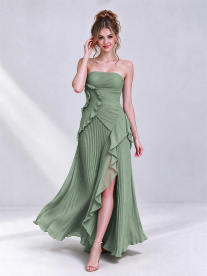 Strapless A-Line Chiffon Ruffle Pleated Sleeveless Wedding Guest Dress with Split Side