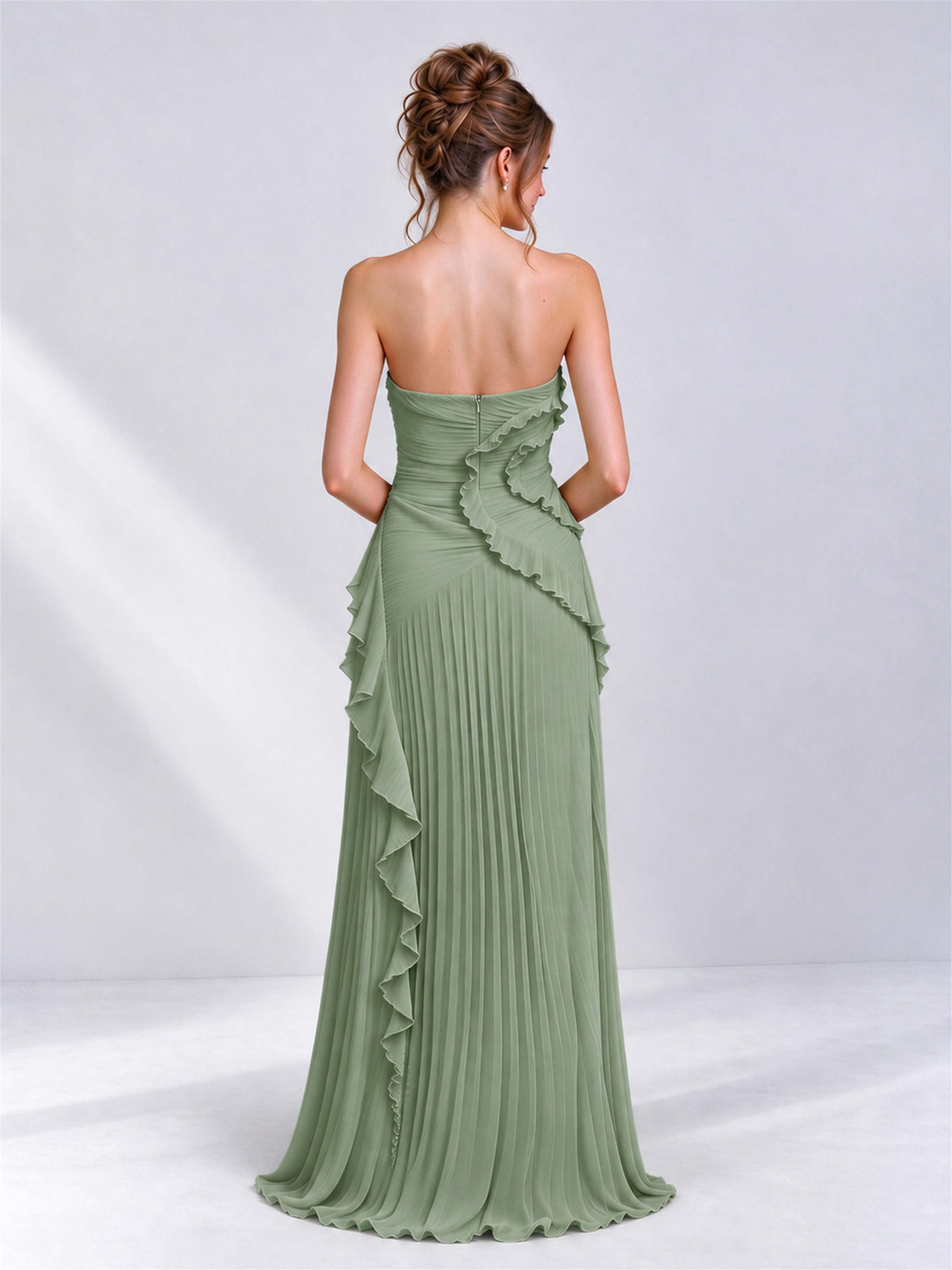 Strapless A-Line Chiffon Ruffle Pleated Sleeveless Wedding Guest Dress with Split Side