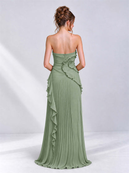 Strapless A-Line Chiffon Ruffle Pleated Sleeveless Wedding Guest Dress with Split Side