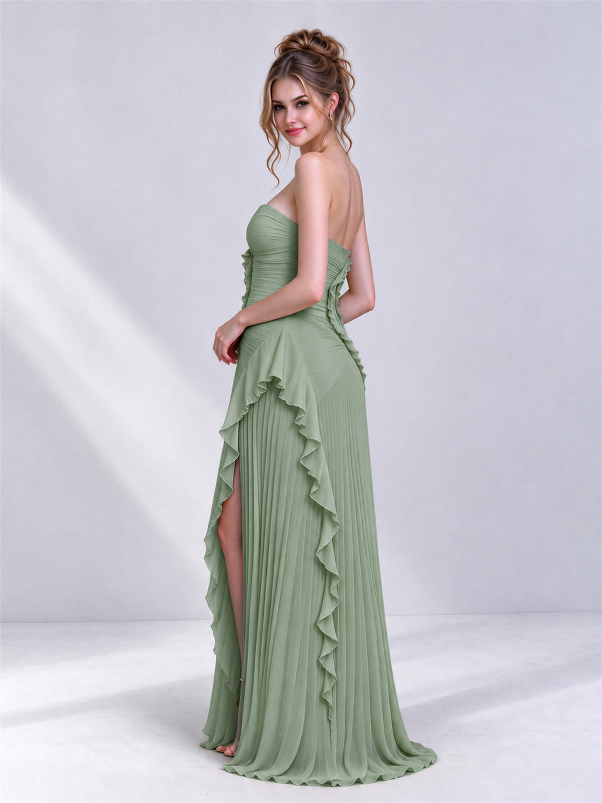 Strapless A-Line Chiffon Ruffle Pleated Sleeveless Wedding Guest Dress with Split Side
