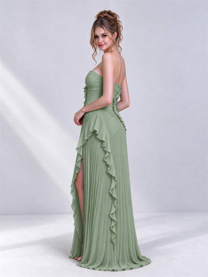 Strapless A-Line Chiffon Ruffle Pleated Sleeveless Wedding Guest Dress with Split Side