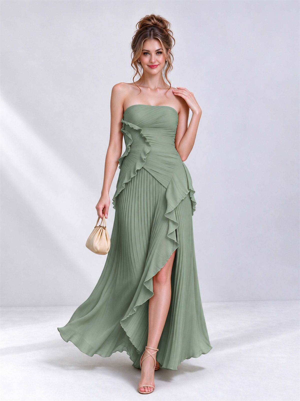Strapless A-Line Chiffon Ruffle Pleated Sleeveless Wedding Guest Dress with Split Side