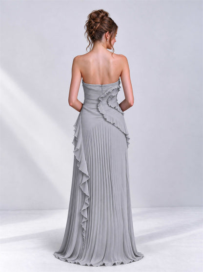 Strapless A-Line Chiffon Ruffle Pleated Sleeveless Wedding Guest Dress with Split Side