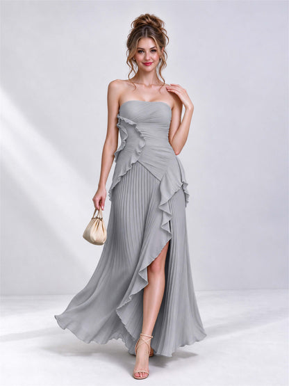 Strapless A-Line Chiffon Ruffle Pleated Sleeveless Wedding Guest Dress with Split Side
