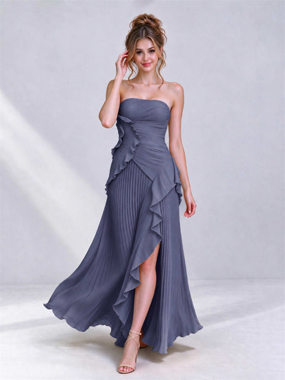 Strapless A-Line Chiffon Ruffle Pleated Sleeveless Wedding Guest Dress with Split Side