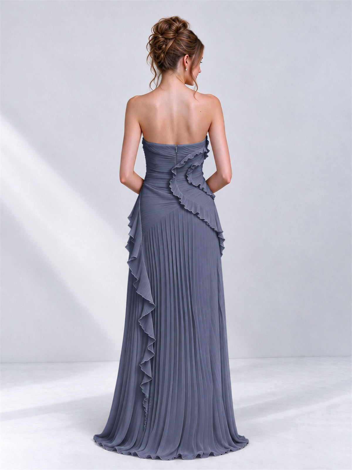 Strapless A-Line Chiffon Ruffle Pleated Sleeveless Wedding Guest Dress with Split Side