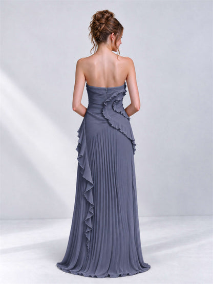 Strapless A-Line Chiffon Ruffle Pleated Sleeveless Wedding Guest Dress with Split Side