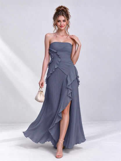 Strapless A-Line Chiffon Ruffle Pleated Sleeveless Wedding Guest Dress with Split Side
