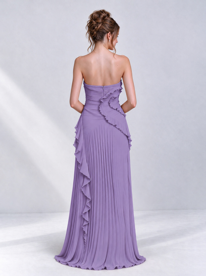 Strapless A-Line Chiffon Ruffle Pleated Sleeveless Wedding Guest Dress with Split Side