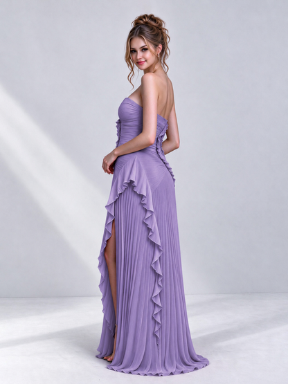 Strapless A-Line Chiffon Ruffle Pleated Sleeveless Wedding Guest Dress with Split Side