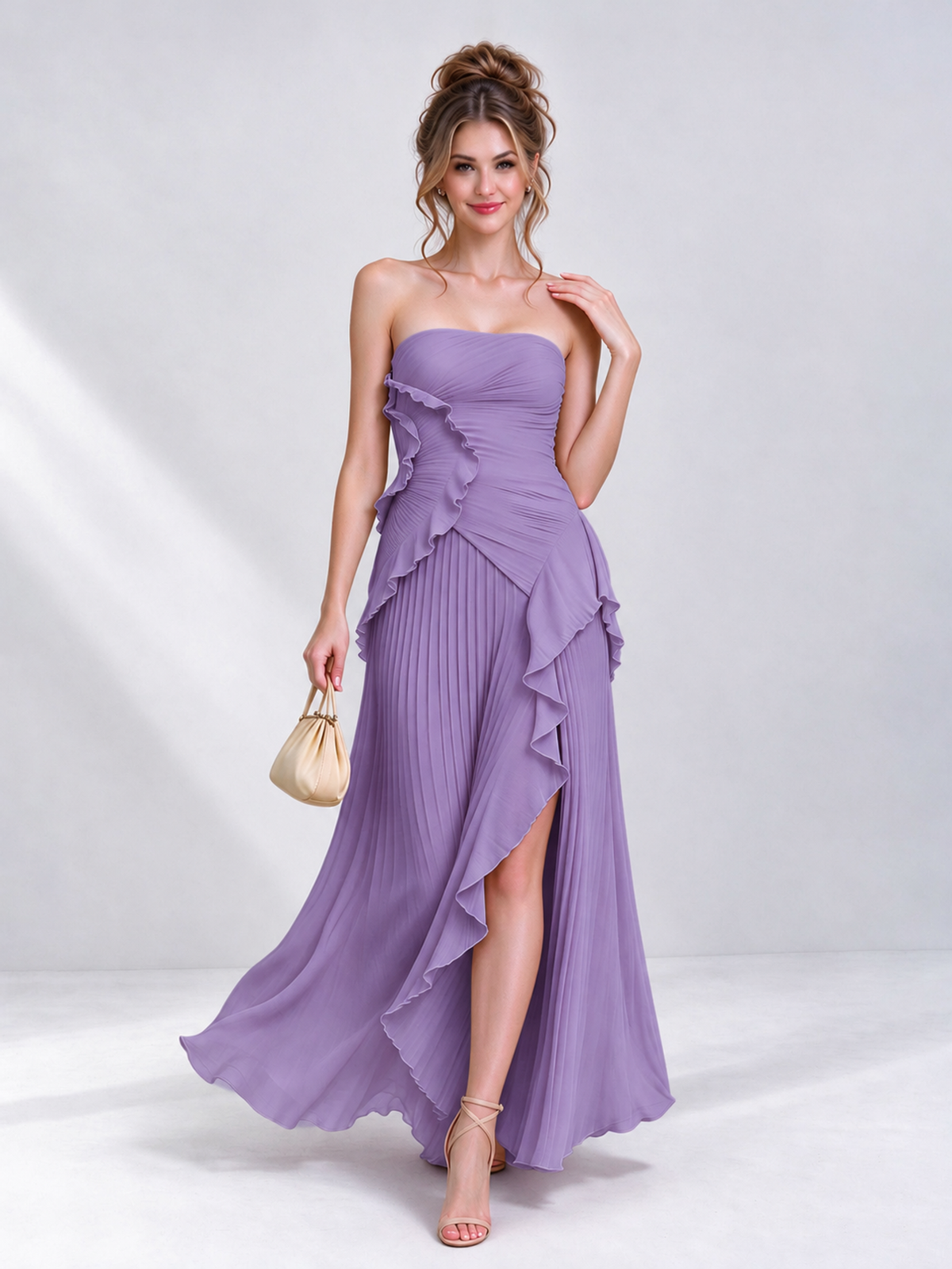 Strapless A-Line Chiffon Ruffle Pleated Sleeveless Wedding Guest Dress with Split Side