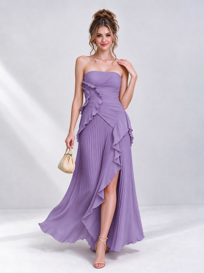 Strapless A-Line Chiffon Ruffle Pleated Sleeveless Wedding Guest Dress with Split Side