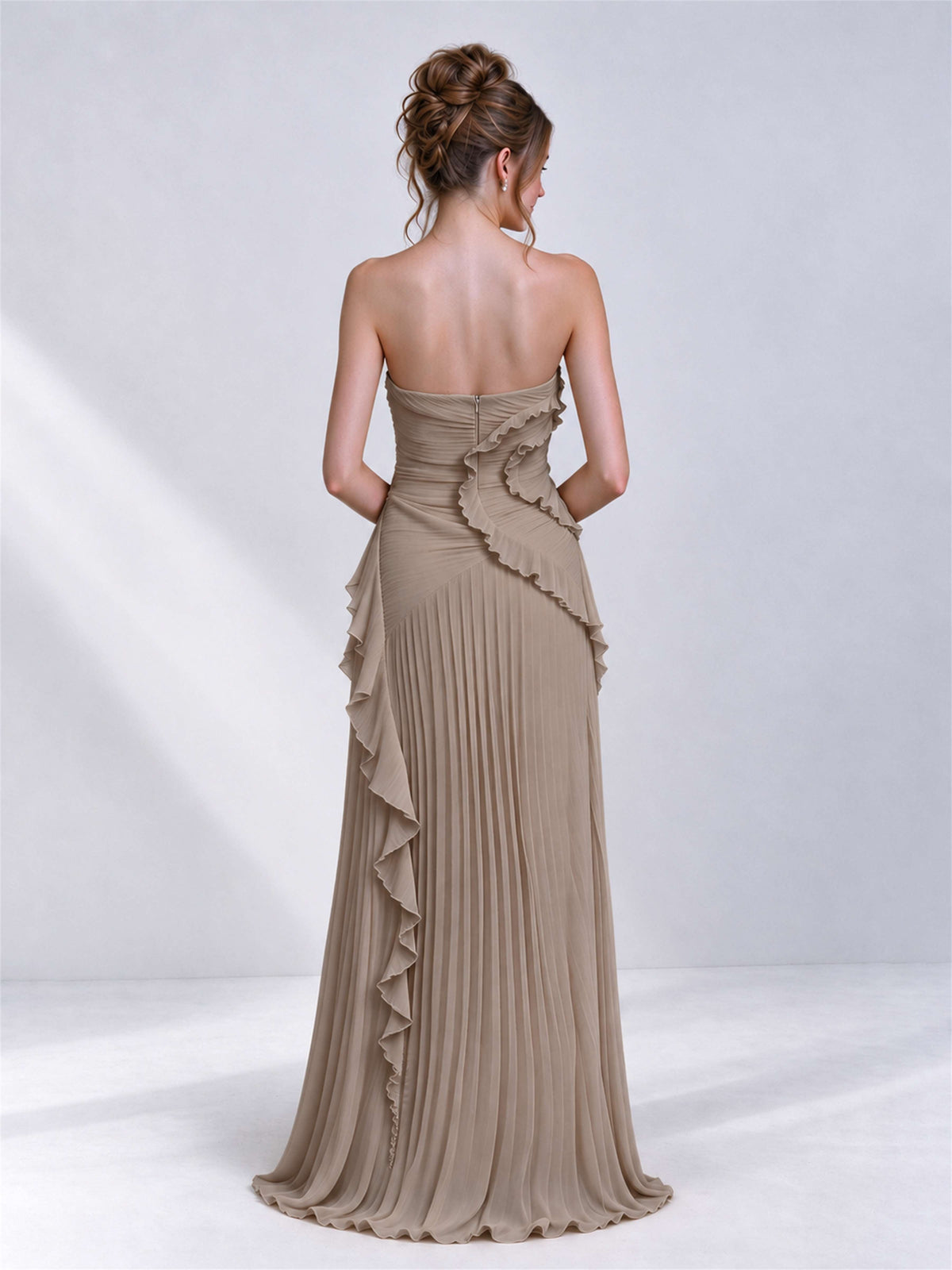 Strapless A-Line Chiffon Ruffle Pleated Sleeveless Wedding Guest Dress with Split Side