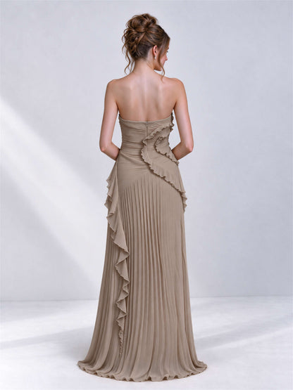 Strapless A-Line Chiffon Ruffle Pleated Sleeveless Wedding Guest Dress with Split Side