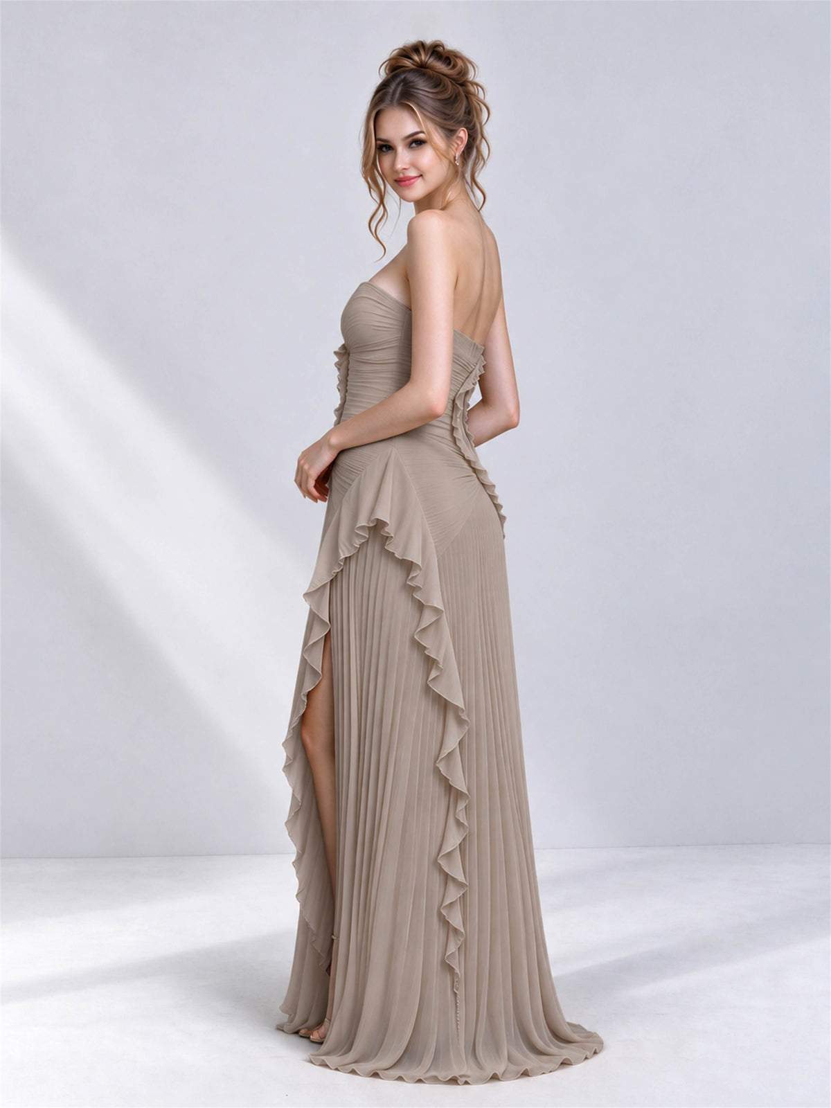 Strapless A-Line Chiffon Ruffle Pleated Sleeveless Wedding Guest Dress with Split Side