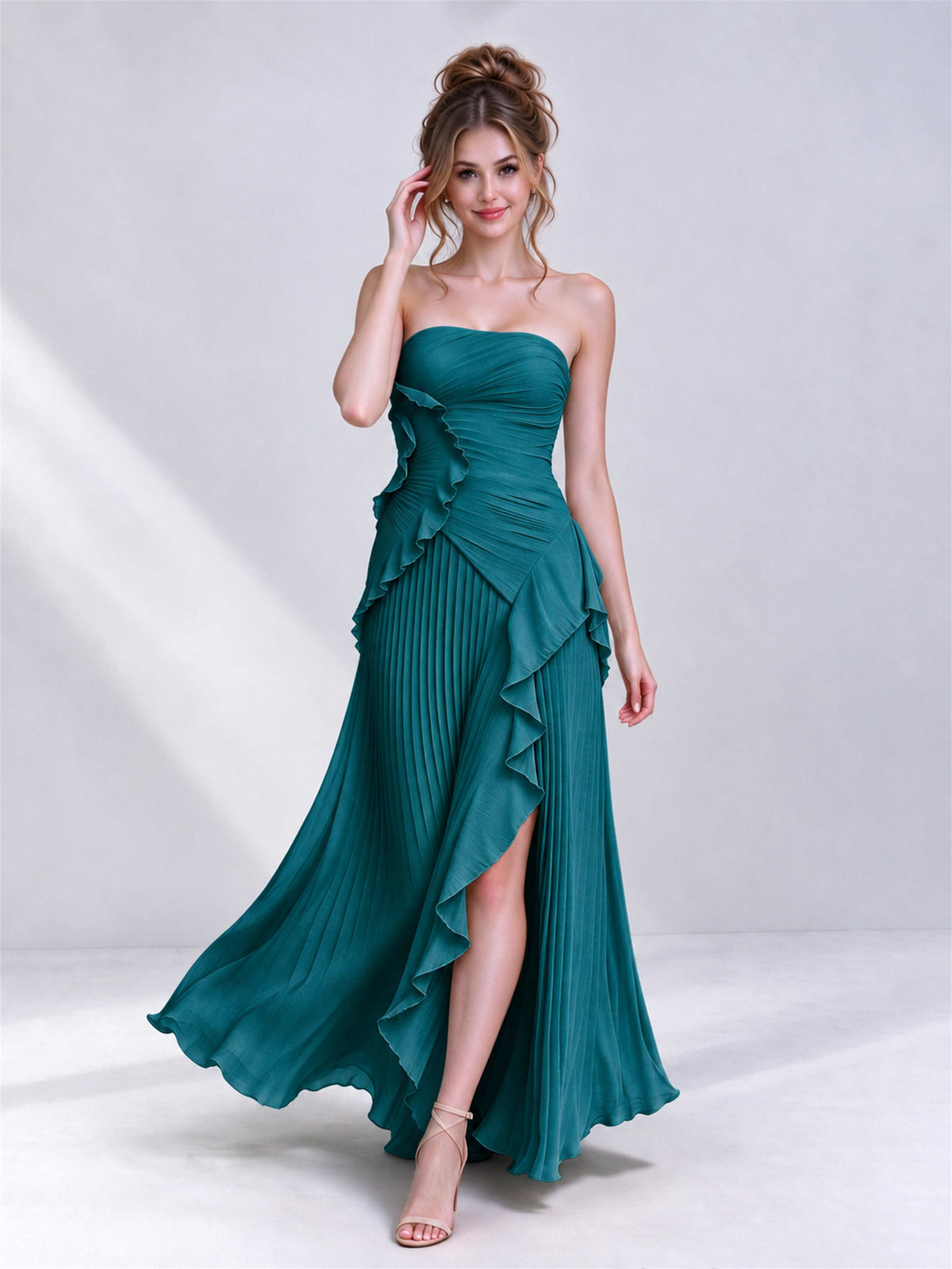 Strapless A-Line Chiffon Ruffle Pleated Sleeveless Wedding Guest Dress with Split Side