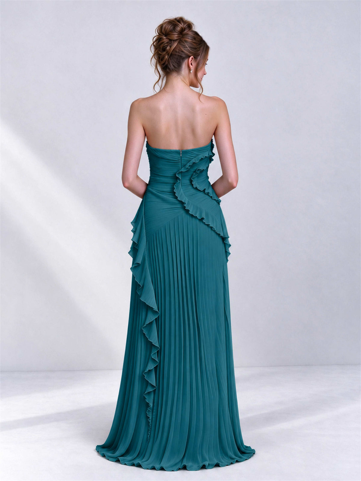 Strapless A-Line Chiffon Ruffle Pleated Sleeveless Wedding Guest Dress with Split Side